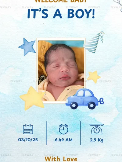 Baby boy birth announcement card with newborn photo, blue theme, stars, car illustration, and birth details for Radhika & Keyur.