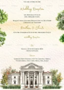 Elegant wedding reception invitation with palace illustration greenery elements and beige textured background