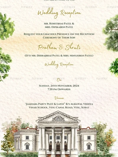 Elegant wedding reception invitation with palace illustration greenery elements and beige textured background