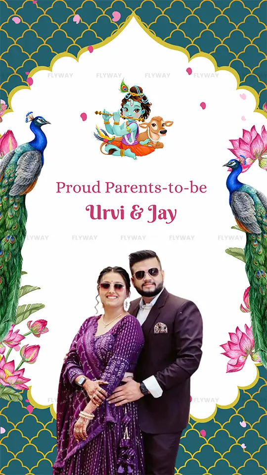 Baby shower card with parents-to-be and festive Indian background