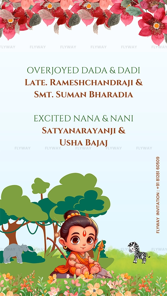 Invitation featuring grandparents with baby Lord Ram in the forest