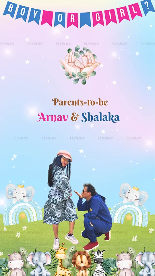 Baby shower invitation with cartoon babies in a car and balloons