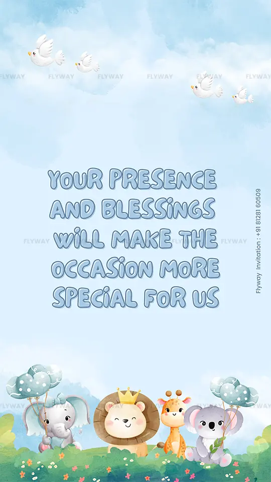 Baby shower invitation message with cute animals and clouds