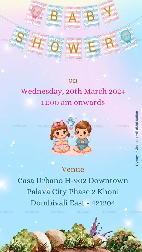 Baby shower invitation with location and date details on soft background