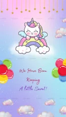 Cute pastel unicorn baby reveal with balloons and dreamy sky