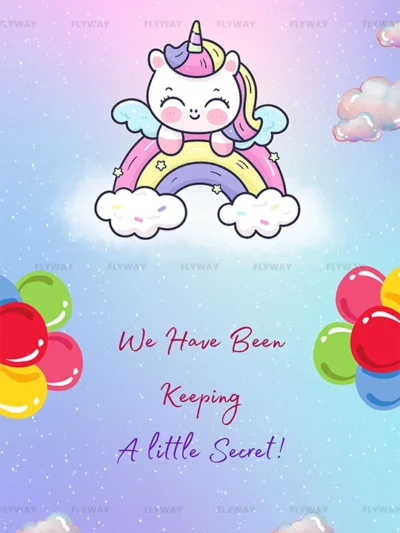 Cute pastel unicorn baby reveal with balloons and dreamy sky