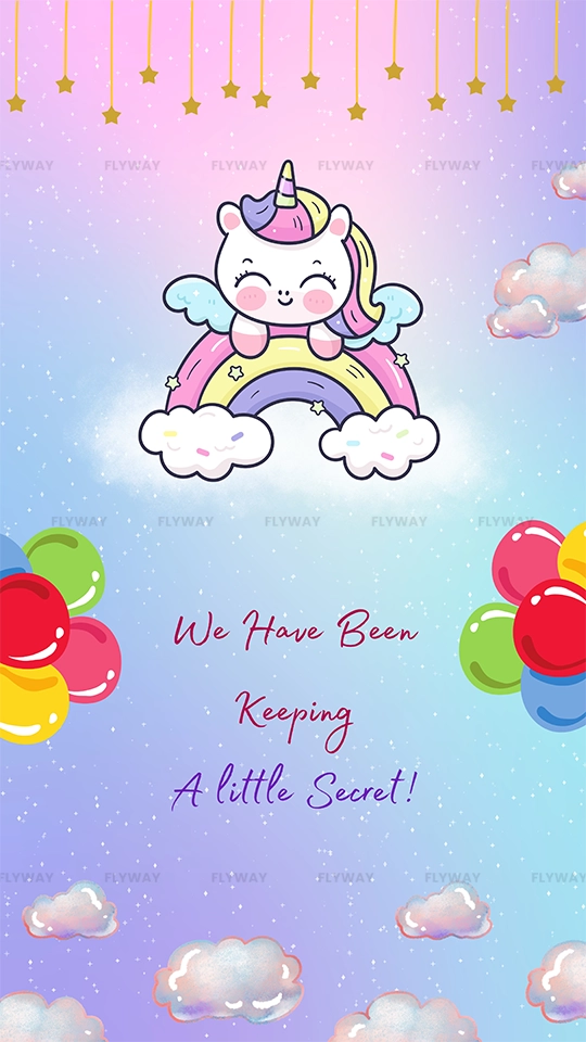 Cute pastel unicorn baby reveal with balloons and dreamy sky