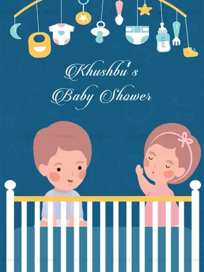 Baby shower invitation with crib and playful baby illustration