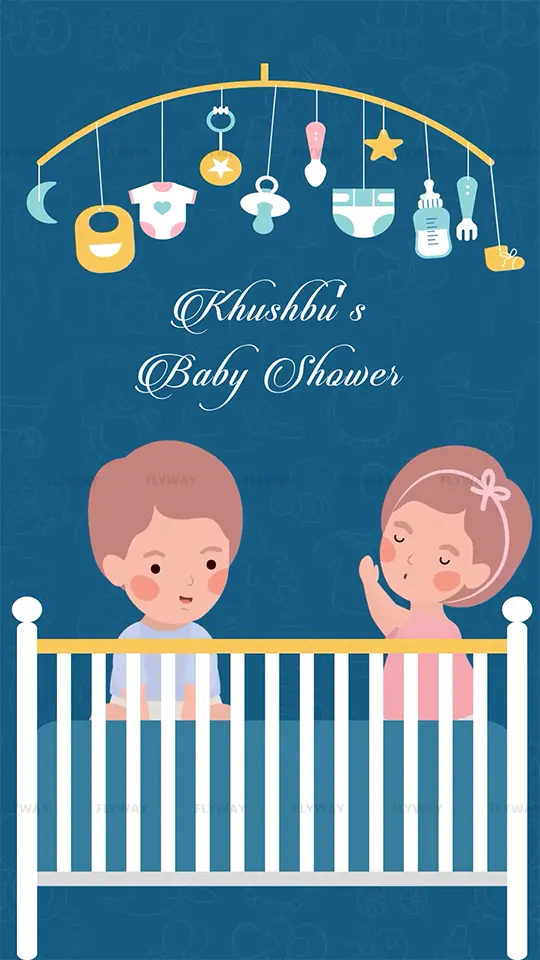 Baby shower invitation with crib and playful baby illustration