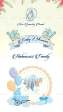 Elegant pastel-themed baby shower invitation with Ganesh symbol and baby essentials