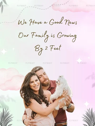 Pregnancy announcement with dog and couple smiling