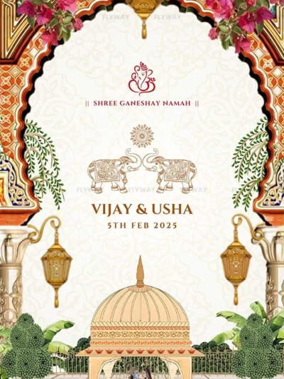 Traditional Indian invitation design with floral motifs and cultural artwork