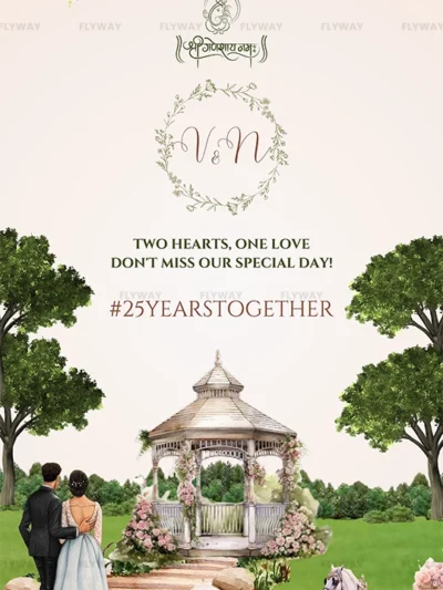 Couple walking towards a floral gazebo in a romantic garden setting