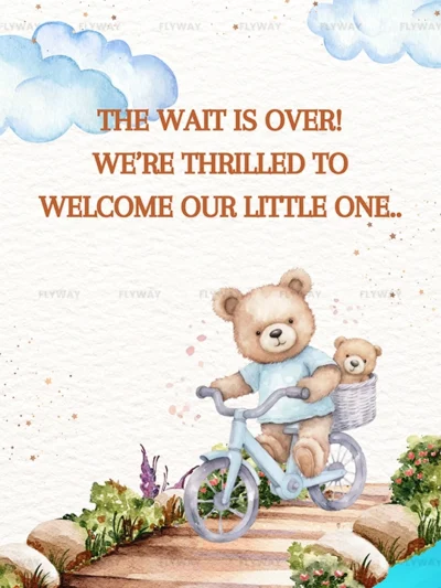 Bear riding a bicycle with a baby bear in a basket, clouds in the sky