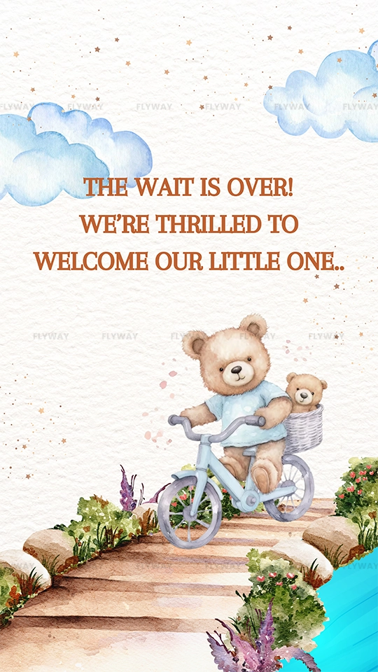 Bear riding a bicycle with a baby bear in a basket, clouds in the sky