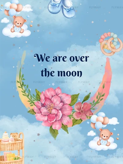 Cute teddy bear with balloons in a blue sky