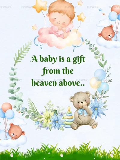 A sleeping baby surrounded by stars and balloons