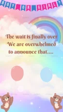 Gender reveal with rainbow, balloons, and a bear