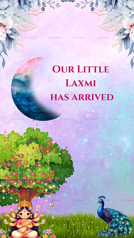Little Laxmi gender reveal announcement with a Krishna-inspired theme.