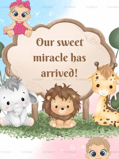 Cute baby girl birth announcement with jungle animals and sweet miracle theme