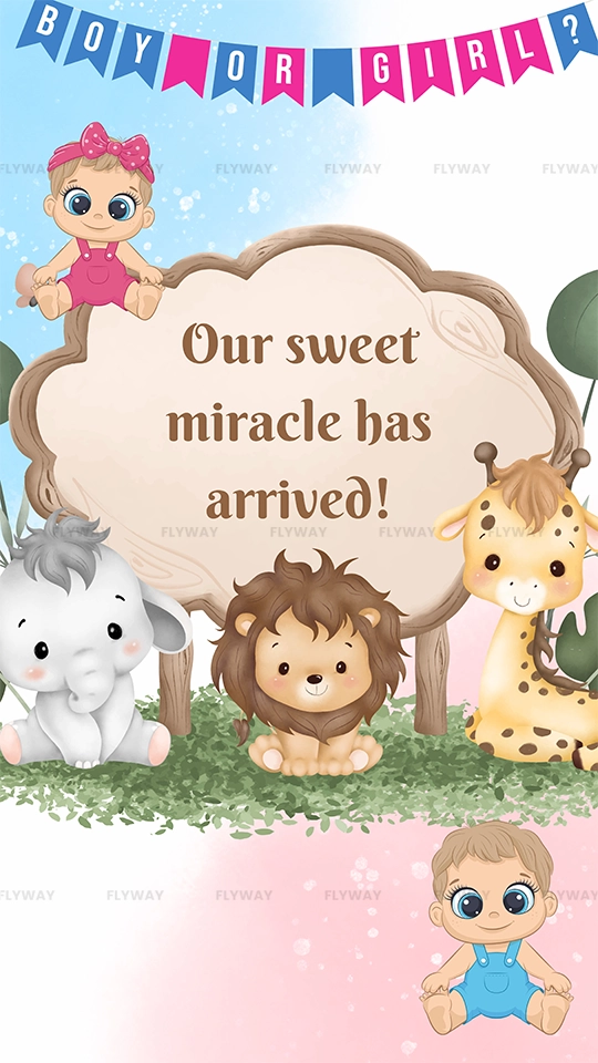 Cute baby girl birth announcement with jungle animals and sweet miracle theme