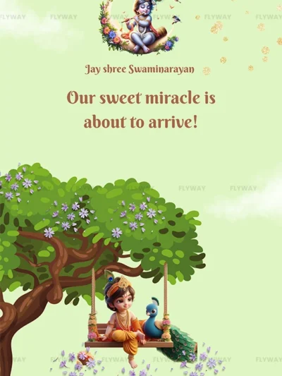 Baby announcement with Lord Krishna theme, featuring a child Krishna on a swing with a peacock under a tree and floral background