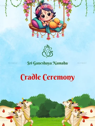 Pichwai-style cradle ceremony invitation with Baby Krishna on floral swing and decorative cows.