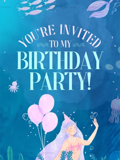 Underwater mermaid-themed birthday party invitation with balloons and sea life