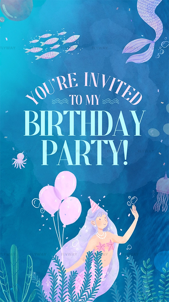 Underwater mermaid-themed birthday party invitation with balloons and sea life
