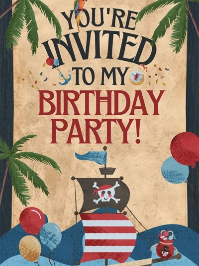 Pirate-themed birthday party invitation with a ship, balloons, and palm trees.
