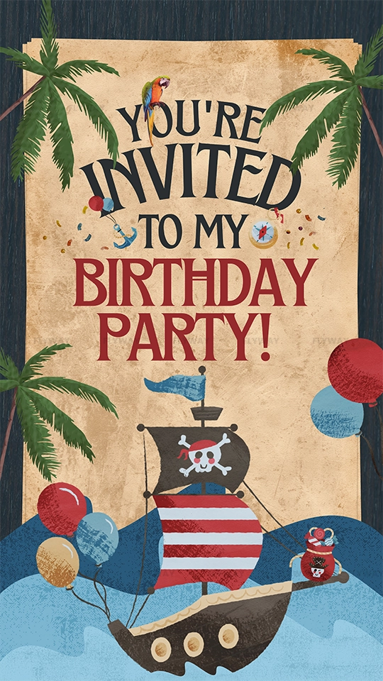 Pirate-themed birthday party invitation with a ship, balloons, and palm trees.