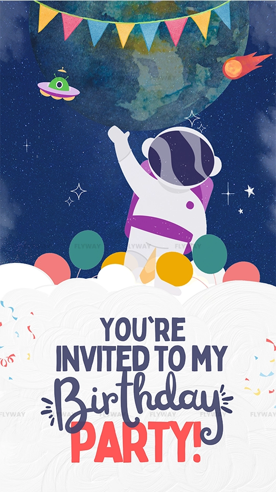 Astronaut reaching towards space with planets and balloons