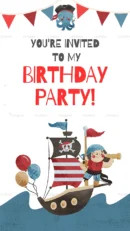 Pirate birthday invitation with ship, balloons, and child pirate holding a telescope.