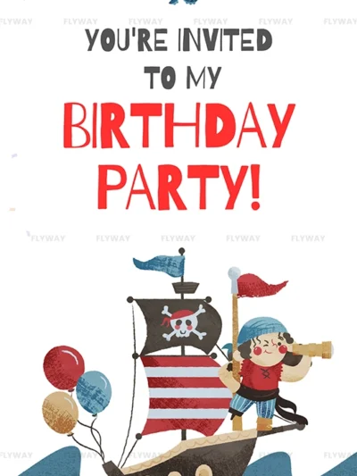 Pirate birthday invitation with ship, balloons, and child pirate holding a telescope.