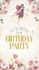 Fairy-themed birthday invitation with flowers, fairy holding a magic wand, and party gifts.