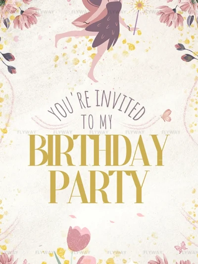 Fairy-themed birthday invitation with flowers, fairy holding a magic wand, and party gifts.