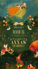 Magical fairy forest birthday invitation with whimsical flying fairies and mushrooms