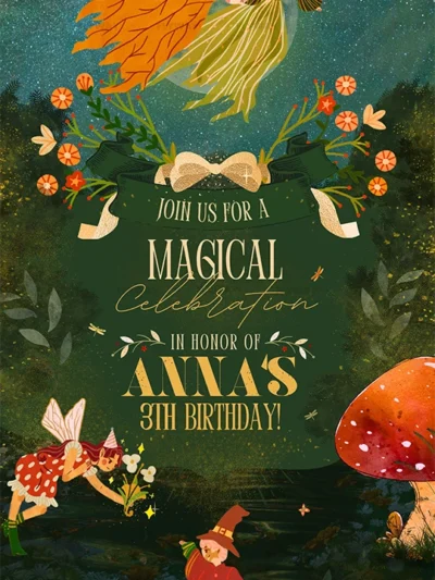 Magical fairy forest birthday invitation with whimsical flying fairies and mushrooms