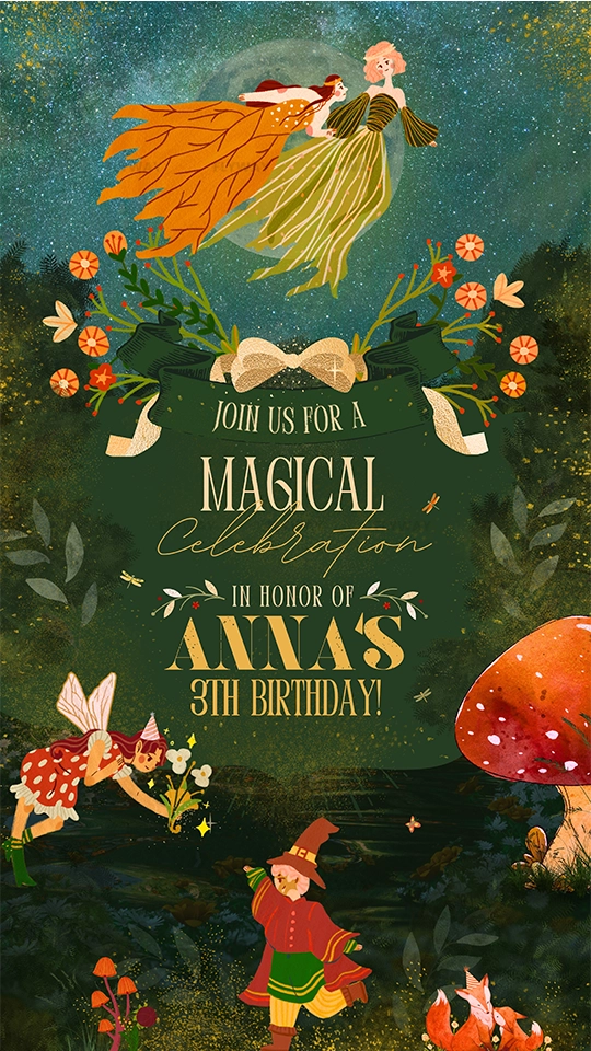 Magical fairy forest birthday invitation with whimsical flying fairies and mushrooms