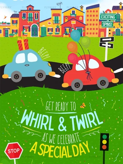Colorful car-themed birthday invitation with balloons and road signs