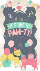 Cute cat-themed birthday party invitation design with playful cats, balloons, and party decorations.