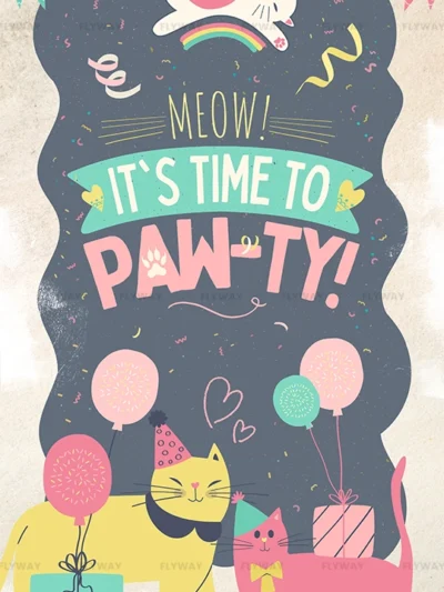Cute cat-themed birthday party invitation design with playful cats, balloons, and party decorations.