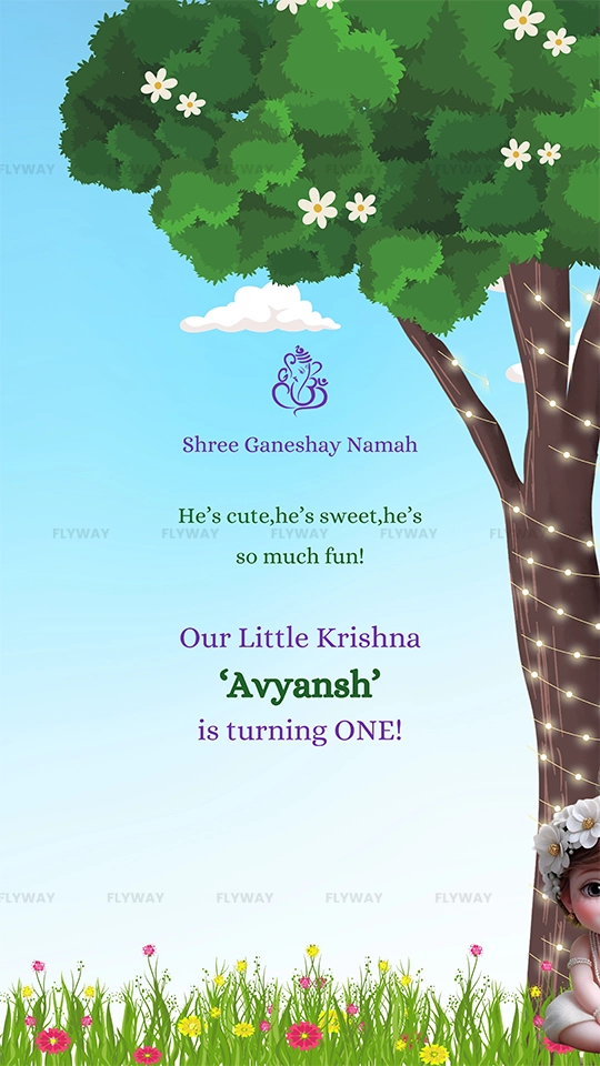 Krishna theme birthday invitation with tree and fairy lights