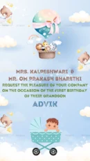 Cute pastel-themed first birthday invitation featuring baby Advik in a stroller, hot air balloon with animals, and clouds.