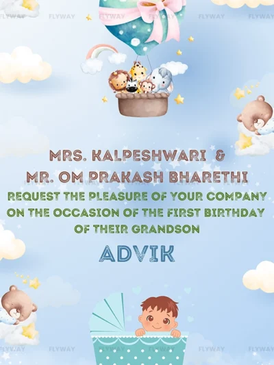 Cute pastel-themed first birthday invitation featuring baby Advik in a stroller, hot air balloon with animals, and clouds.