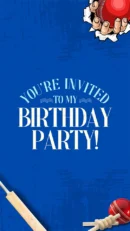 Cricket-themed birthday party invite with bat and ball on blue background