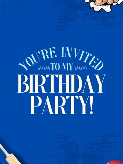 Cricket-themed birthday party invite with bat and ball on blue background
