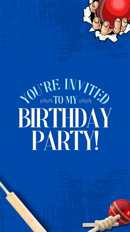 Cricket-themed birthday party invite with bat and ball on blue background