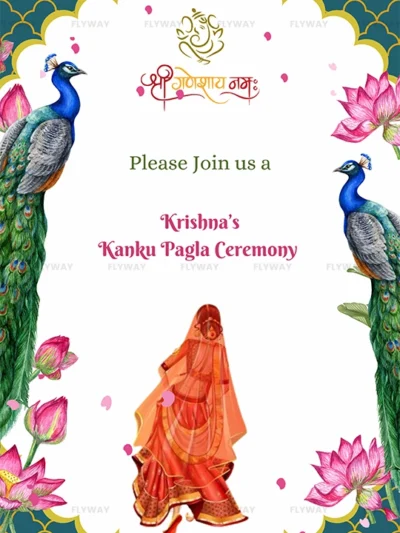 Invitation card with peacocks, lotus flowers, and an illustration of a bride in a red saree for Krishna's Kanku Pagla Ceremony.