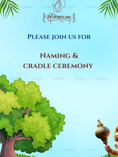 Cradle ceremony invitation with nature and baby god illustration